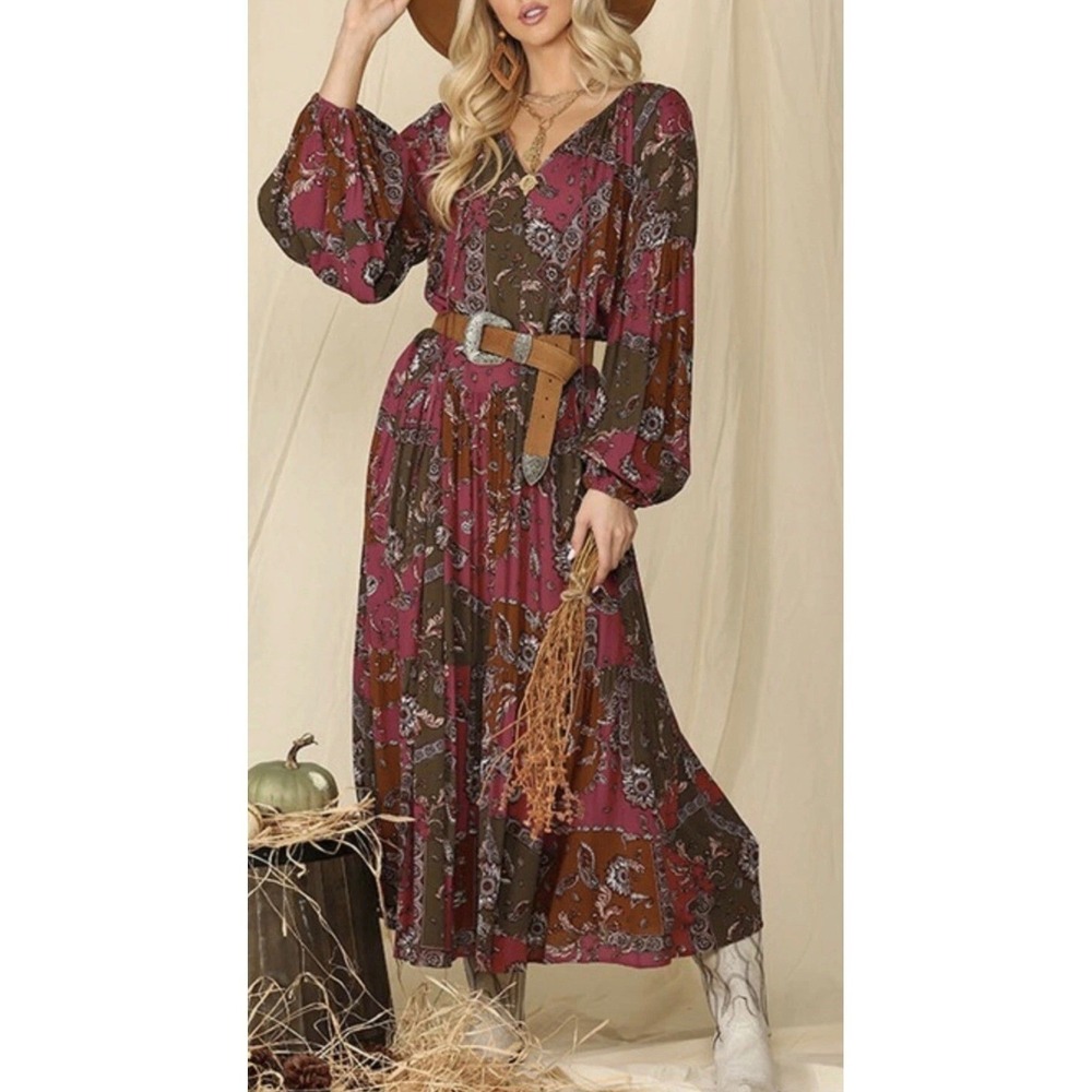 GiGIO Boho Paisley Maxi Dress Women V Neck Long Sleeve Fall Style New Medium - Picture 2 of 9